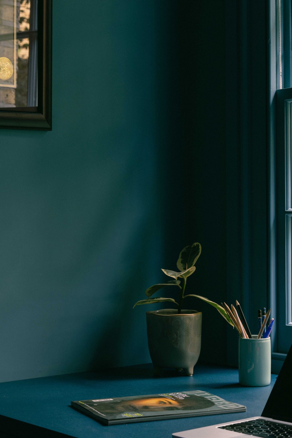 Victorian Terrace, Waterloo | Dark blue home office with bespoke sit/stand desk | Interior Designers